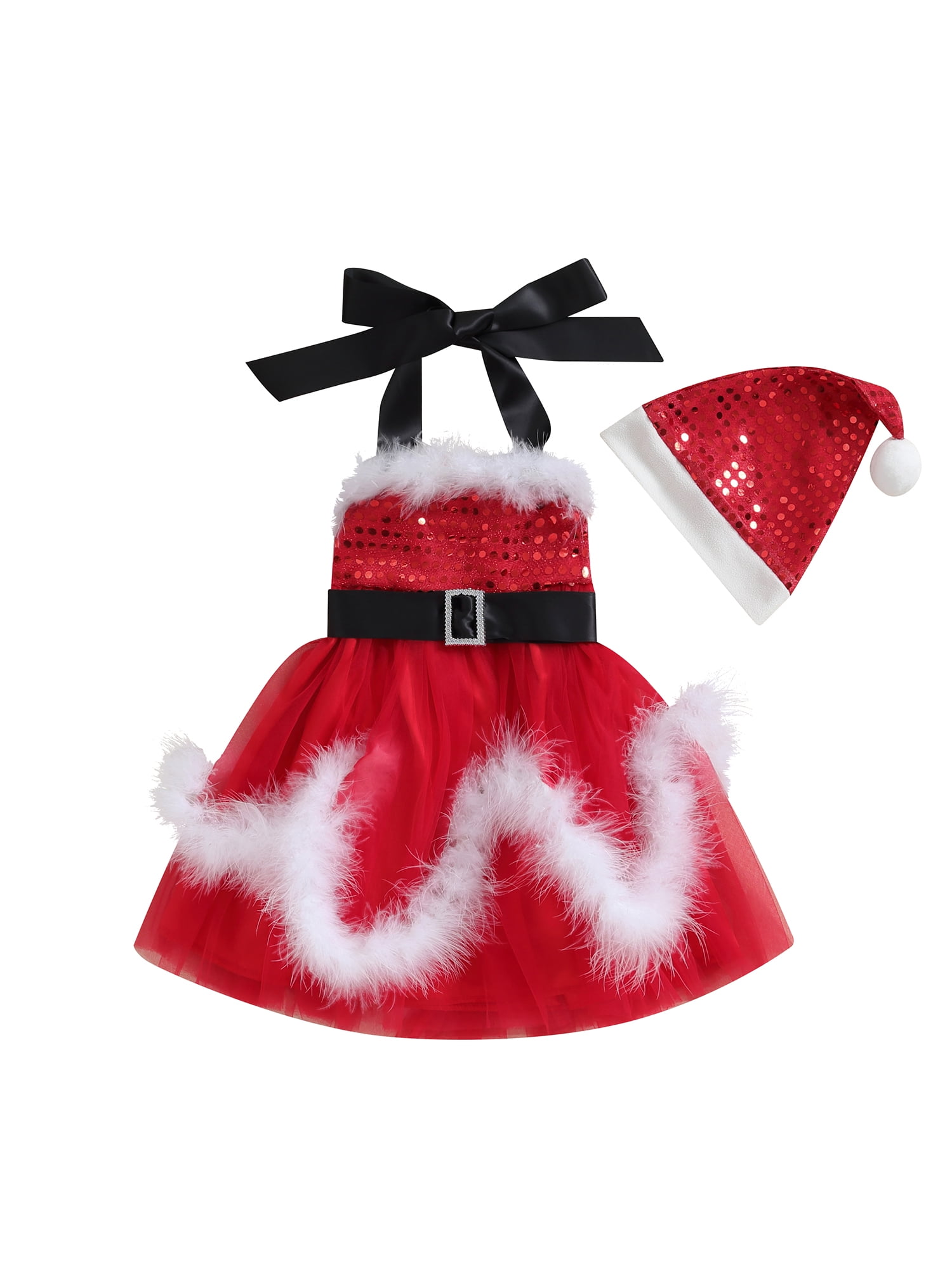 TFFR Toddler Girl Christmas Halter Dress 04Y Baby Glitter Sequin Red
