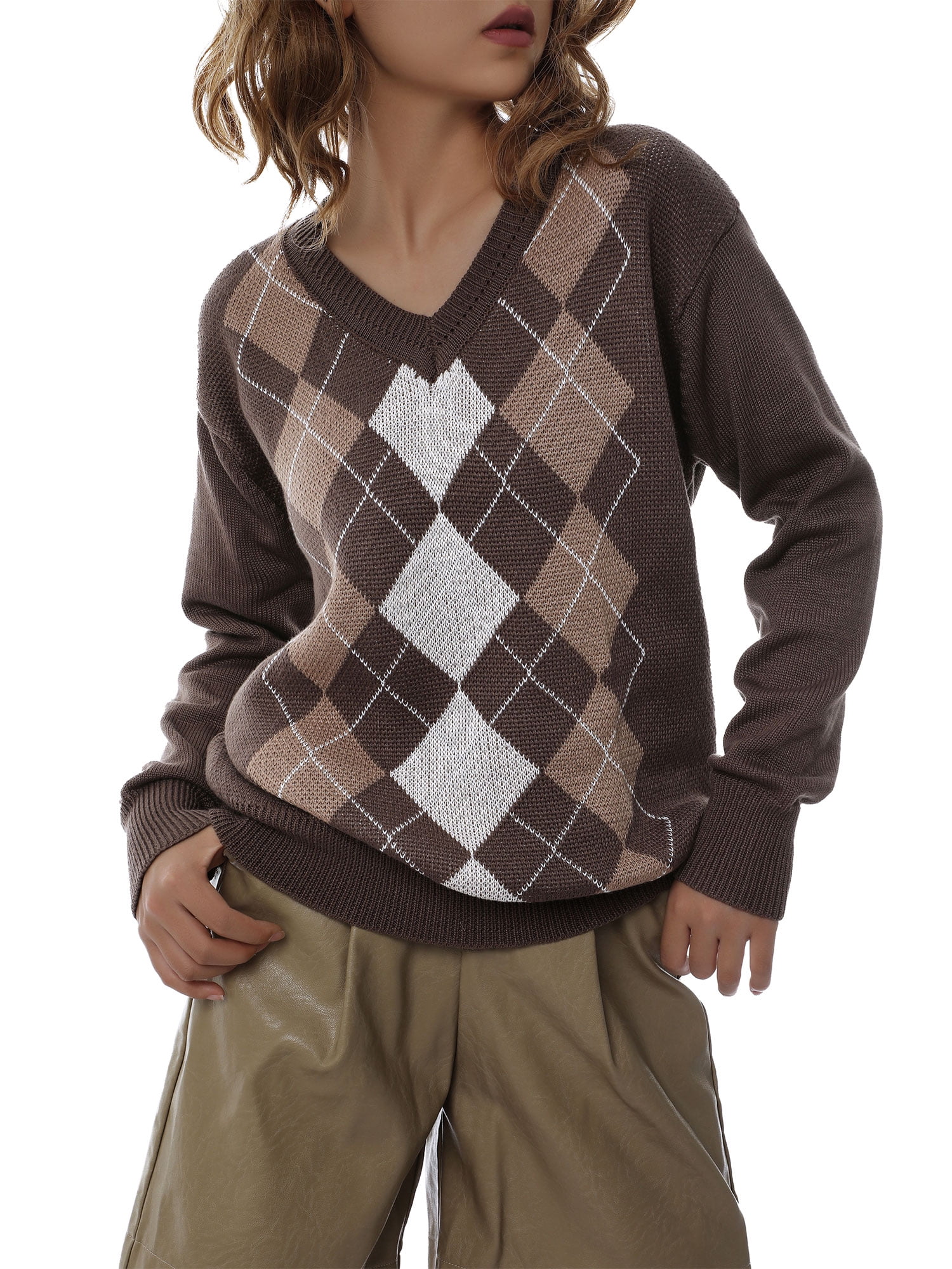 TFFR Women Argyle Plaid Sweaters Long Sleeve V Neck Knitwear Preppy Style Knit Pullover Winter Sweater Tops