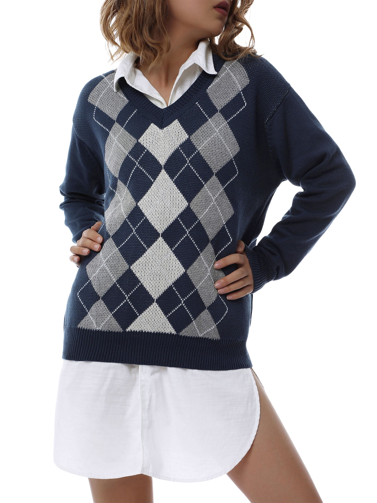 TFFR Women Argyle Plaid Sweaters Long Sleeve V Neck Knitwear Preppy ...