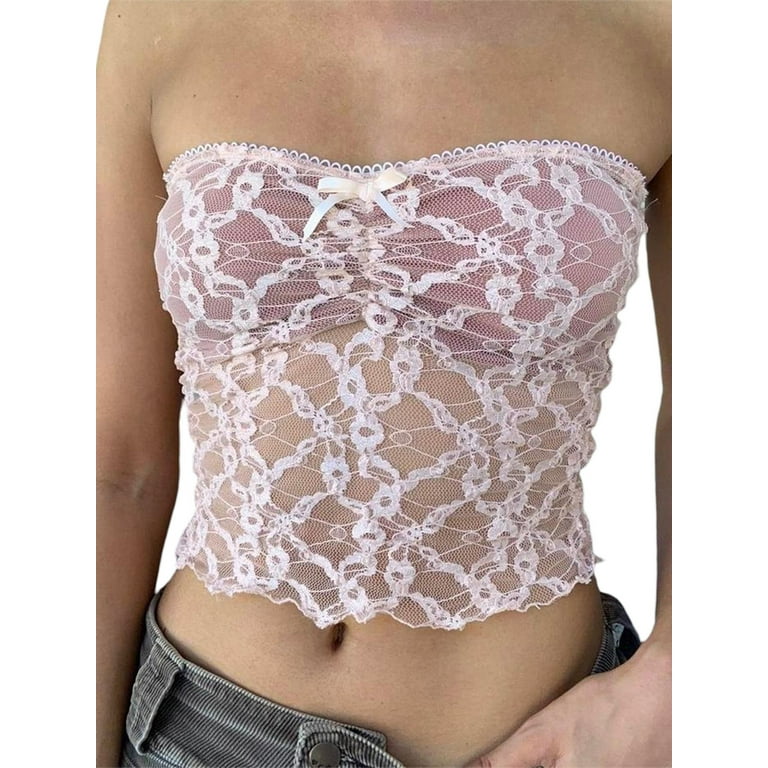TFFR Women Floral Lace Tube Top, Sheer Mesh See Through Crop Tops Strapless  Wrap Tank Tops