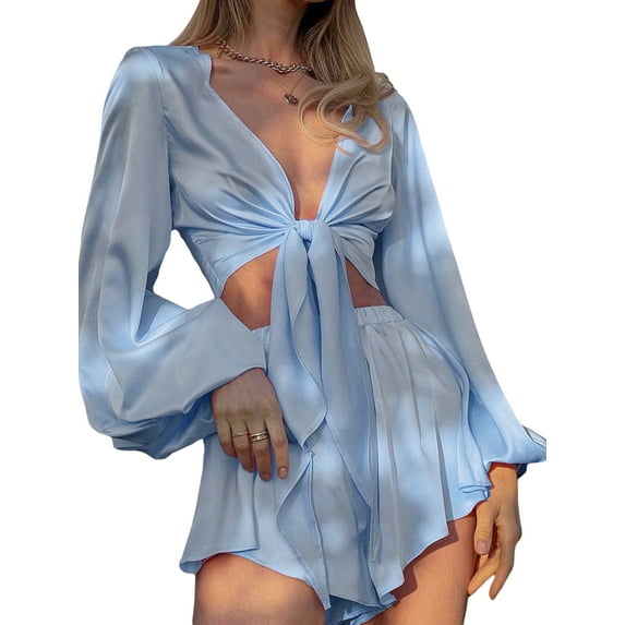 TFFR Women Ice Silk Pajamas Set, Long Sleeve Tie-up Crop Top with Elastic Waist Shorts Flowy Leisurewear