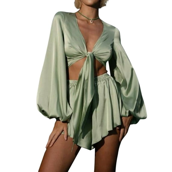TFFR Women Ice Silk Pajamas Set, Long Sleeve Tie-up Crop Top with Elastic Waist Shorts Flowy Leisurewear