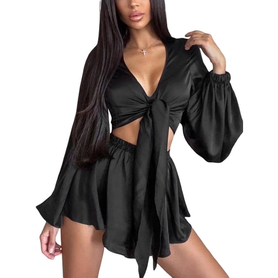 TFFR Women Ice Silk Pajamas Set, Long Sleeve Tie-up Crop Top with Elastic Waist Shorts Flowy Leisurewear