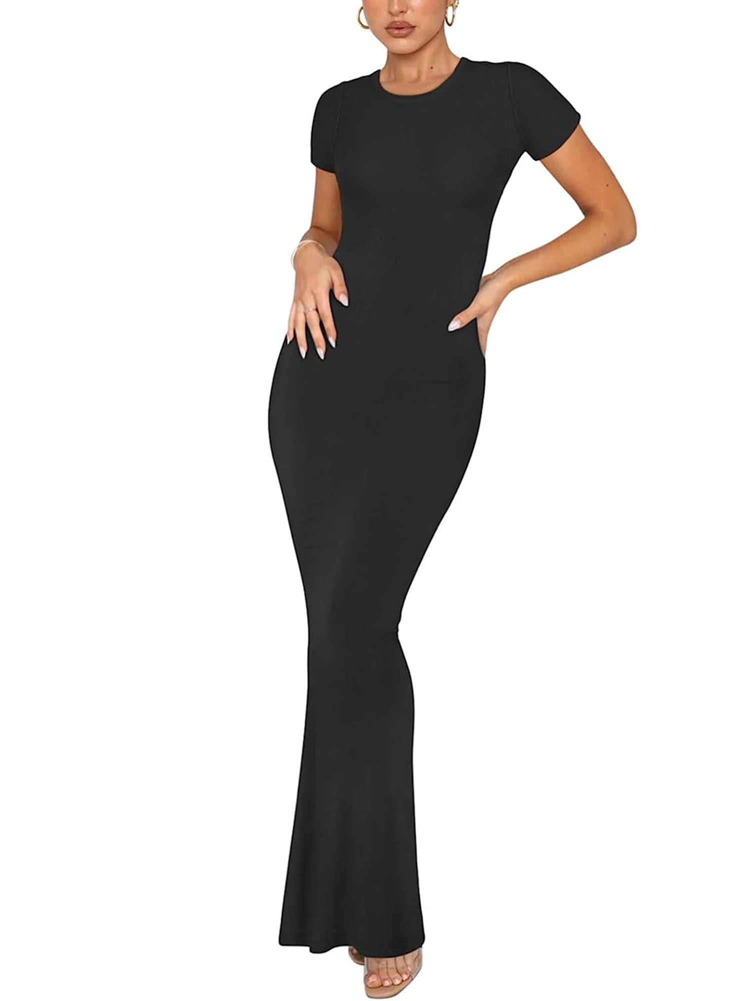 TFFR Women Long Bodycon Maxi Dress Solid Short Sleeve Crew Neck Skinny Tight Evening Party