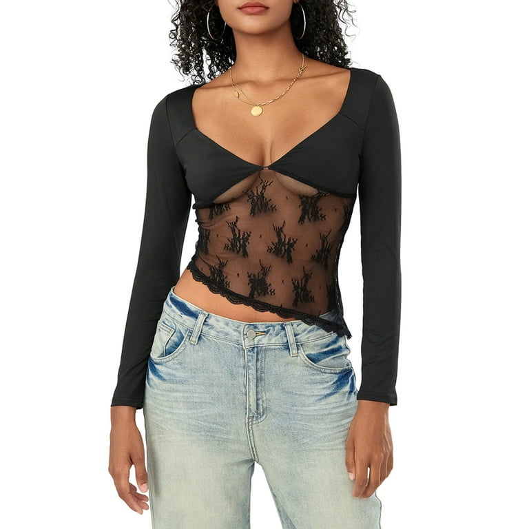 High quality Sheer black crop top whit Lace Mesh