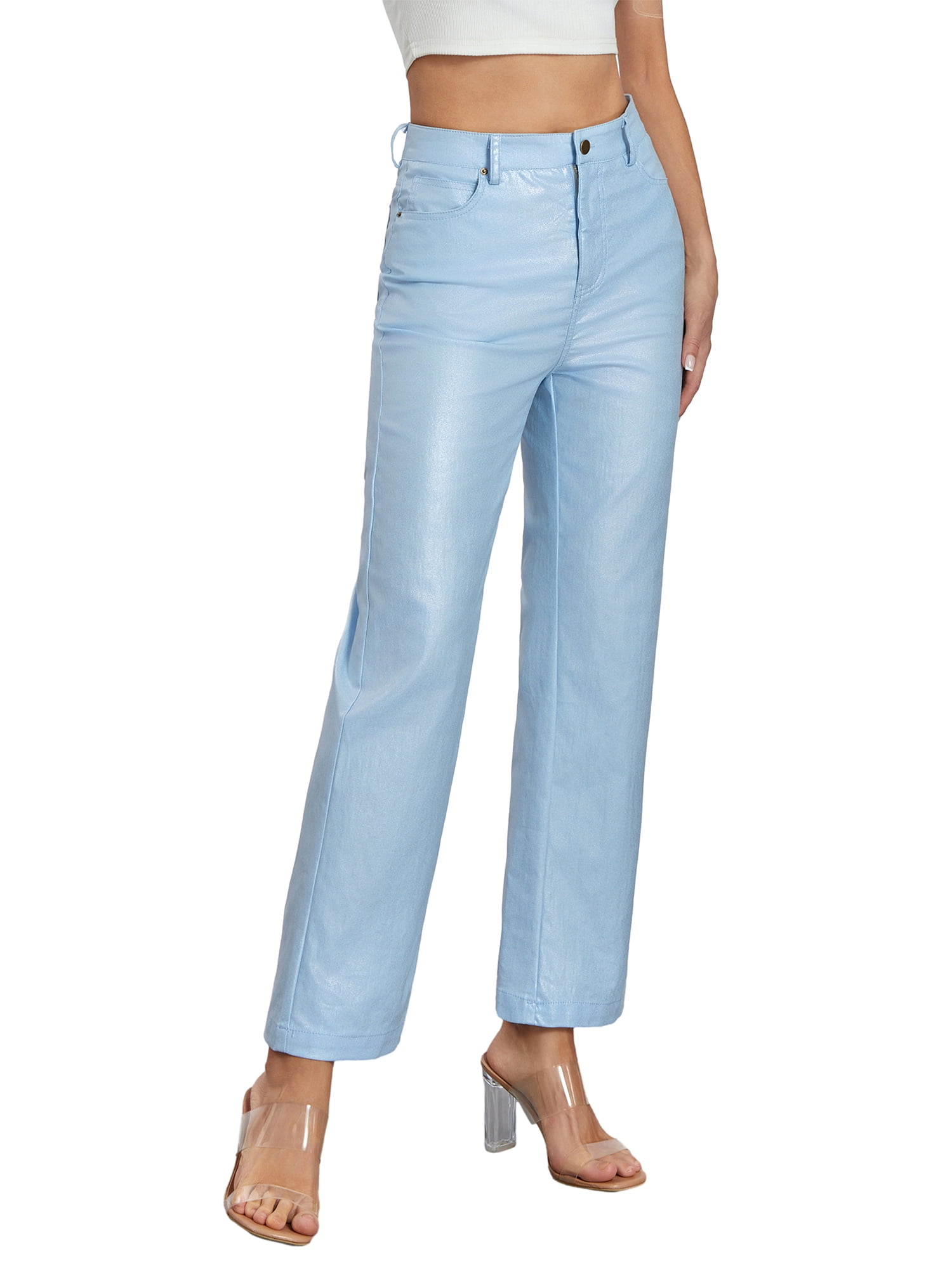 TFFR Women Metallic Shiny Jeans Solid Color High Waist Straight Leg