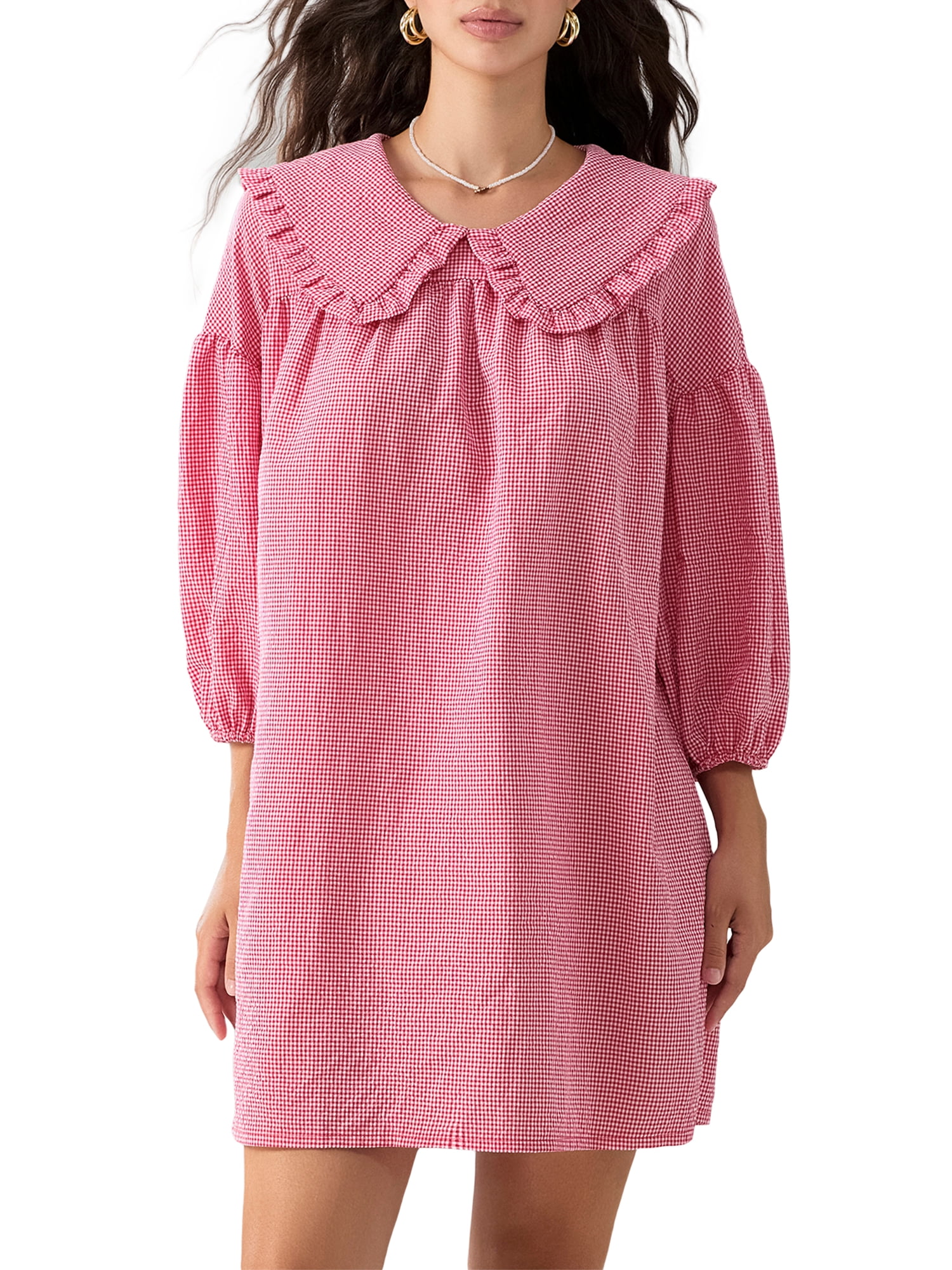Plaid Tie Neck Short Sleeve Babydoll Mini Dress main image 0