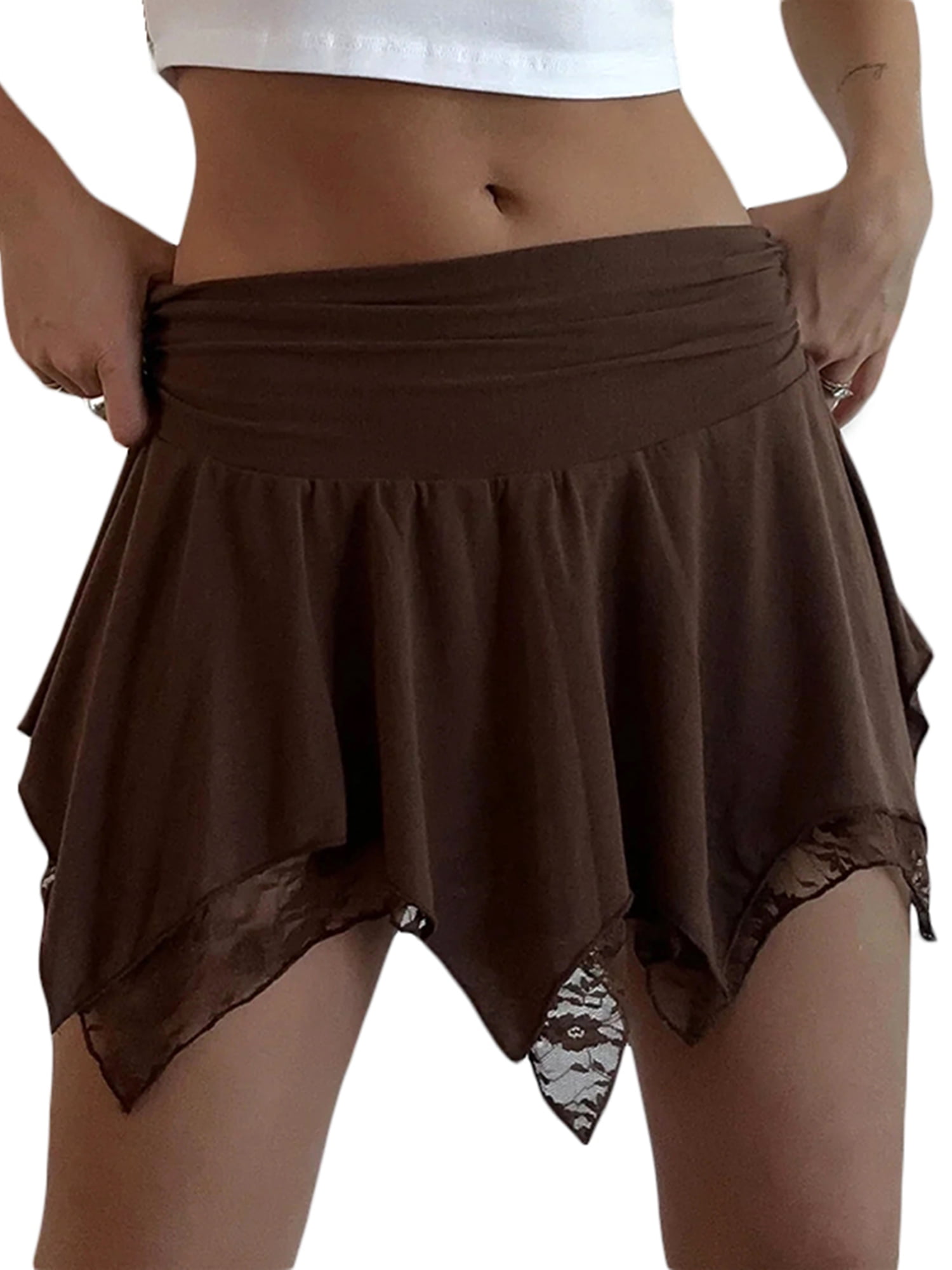 TFFR Women Ruffle Mini Skirt Floral Lace Asymmetrical Hem Pleated 