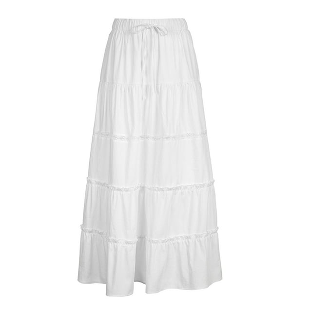 TFFR Women White Ruched Midi Skirt Elastic Waist Pleated Tiered Swing ...