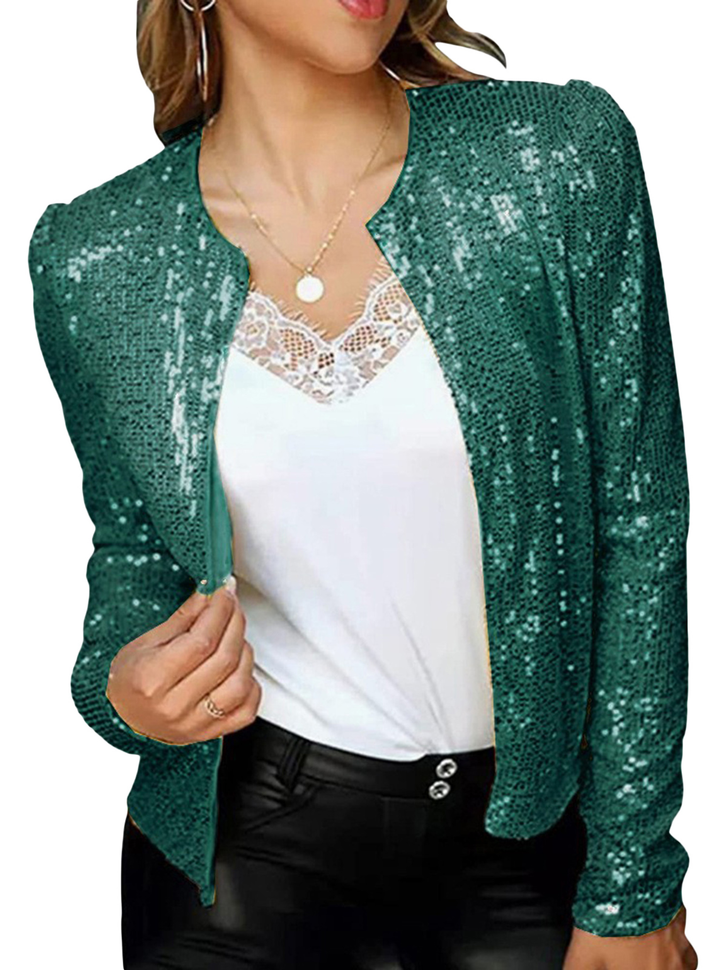 TFFR Women\'s Sequins Jacket Long Sleeve Blazer Jackets Shiny Glitter
