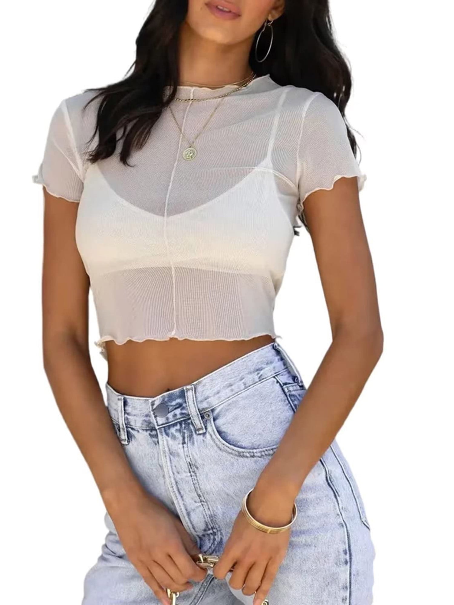  Women'sLace Sheer Mesh See-Through Short Sleeve Crop