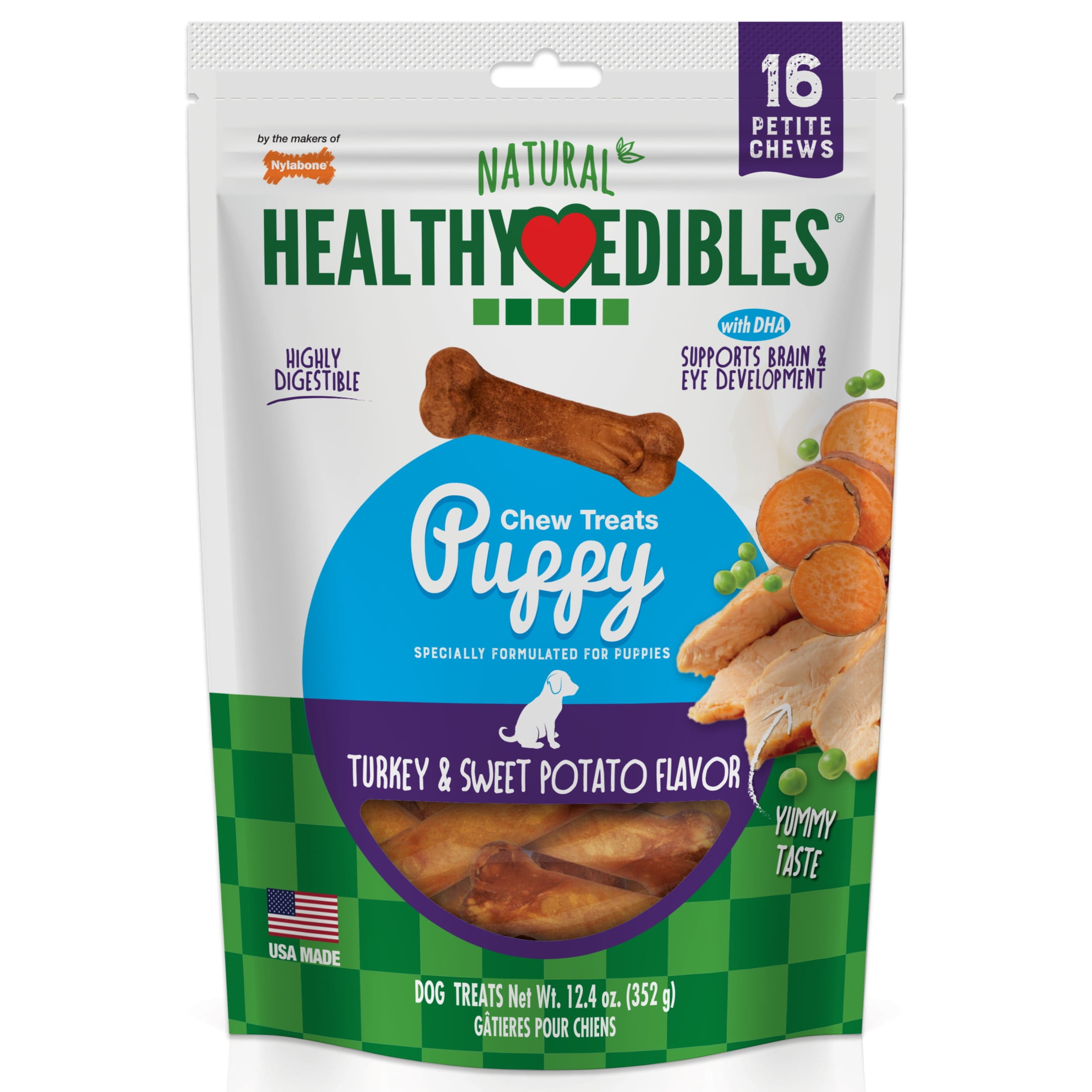 Nylabone Healthy Edibles Natural Puppy Treats, Training Treats for Puppies, Turkey & Sweet Potato Flavor Dog Treats, For X-Small Dogs (16 Count)
