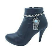 TFJ Women Western Fashion Jewelry Boot Bracelet Silver Metal Chain Shoe Style Feather Charm Turquoise Blue