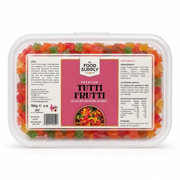 TFS Tutti Frutti Glaced Papaya Cubes, Premium Colourful Candied Papaya for Cakes, Cookies, Ice Cream, Desserts & Baking, Ready to Use Sweet Fruit Topping, 180g