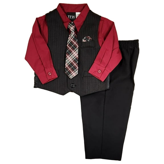 TFW Infant Boys Burgundy Shirt, Pinstripe Vest, Tie & Black Pants Set Outfit 24m