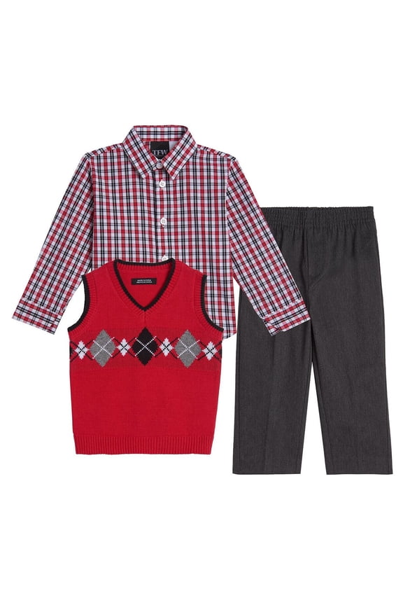 TFW Little Boys Argyle 3 Piece Sweater Set – Dark Red, 5