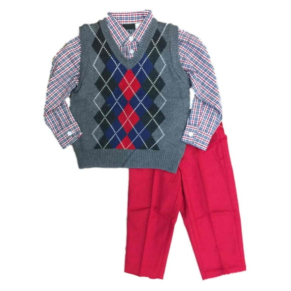 TFW Toddler Boys Suit Gray Argyle Vest Plaid Shirt & Red Pants Set Outfit 3T