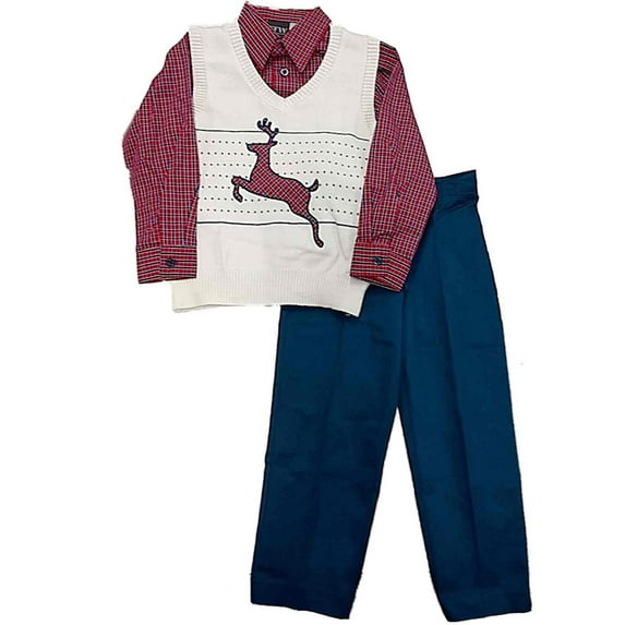 TFW Toddler Boys Suit Ivory Sweater Vest Plaid Shirt & Blue Pants Set Outfit 2T