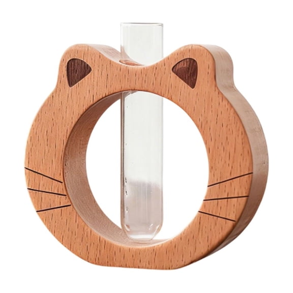 TFYZYY Adorable Cat-Shaped Wooden Flower Holder with Transparent Glass Hydroponic Container Decorative Mini Vase for Living Room, Office, or Coffee Table Decor Accent