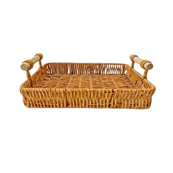 TFYZYY Hand Woven Rattan Serving Tray with Wooden Handles, Multi-Use Basket for Food, Fruit, Desktop Storage, Versatile Decorative Organizer for Kitchen, Bedroom, and Living Room