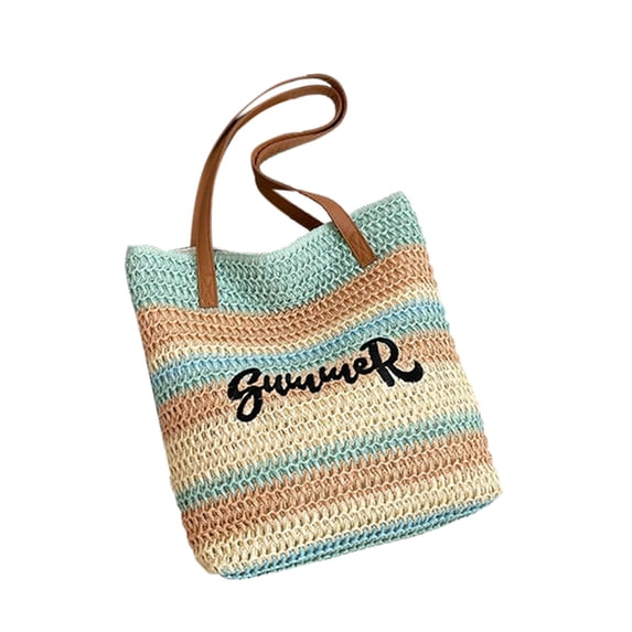 TFYZYY Summer Crochet Tote Bag, Large Capacity Beach Travel Bag, Embroidered Letter Woven Straw Shoulder Bag, Lightweight Multi-Color Striped Design for Vacation and Casual Use