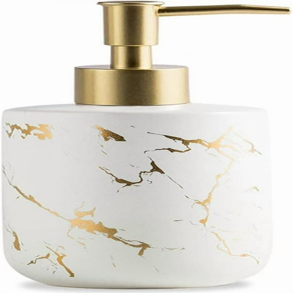 TFixol Bathroom Accessories White and Gold Ceramic Soap Dispenser, Luxury 300ml/10oz Hand Soap Bottle with Plastic Pump for Bathroom and Kitchen