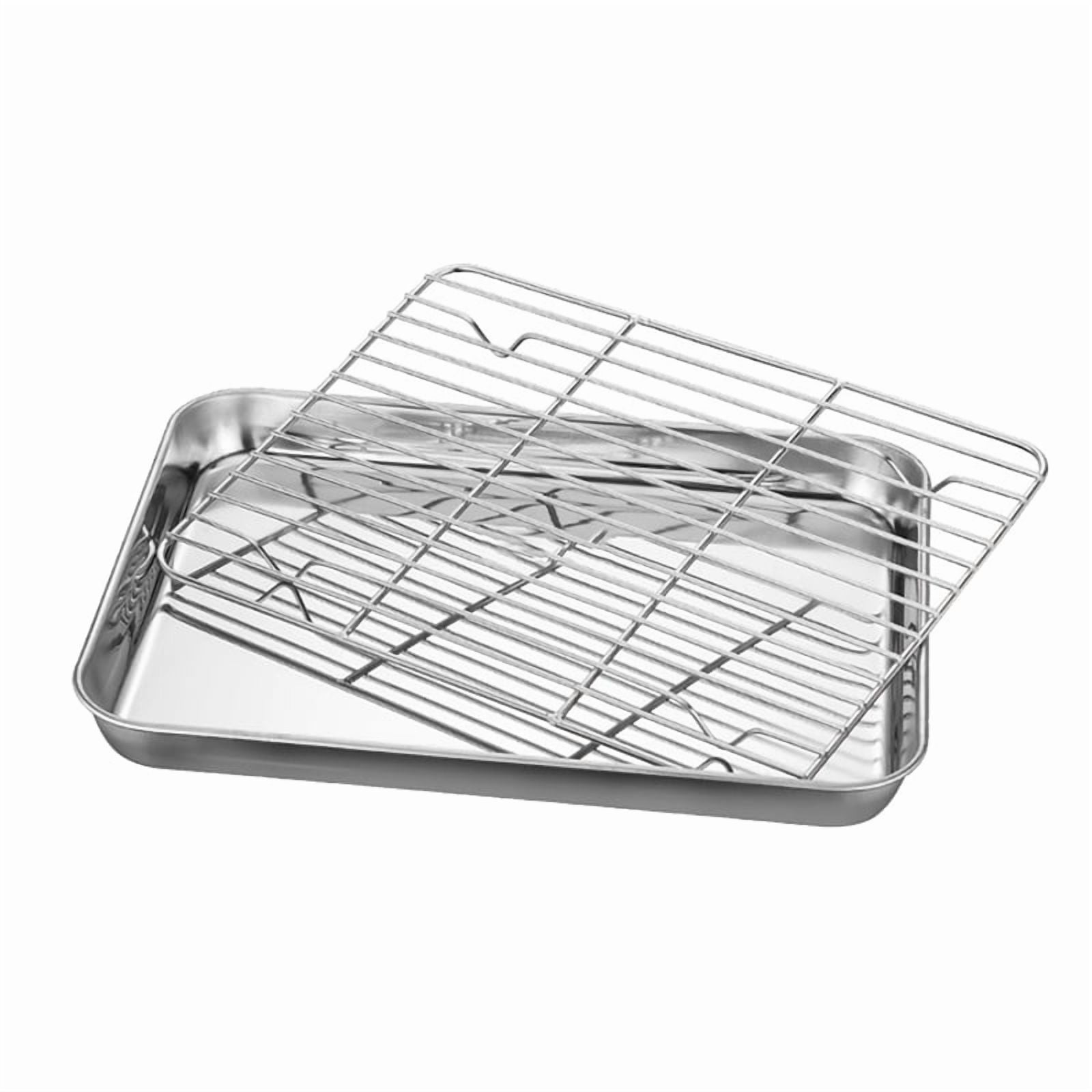 TFixol Gardening Gift Stainless Steel Flat Bottom Baking Tray with Mesh Set Square Barbecue Plate with Cooling Rack Drip Pan Baking Plate Barbecue Tray Bakeware (23*17*2.5cm)
