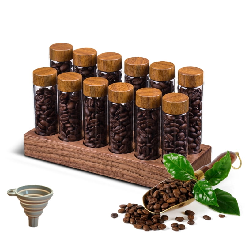Watchget Coffee Bean Storage Set With Hopper & 8 Single-Dose Tubes - One-Way Valve, Wooden Display Rack