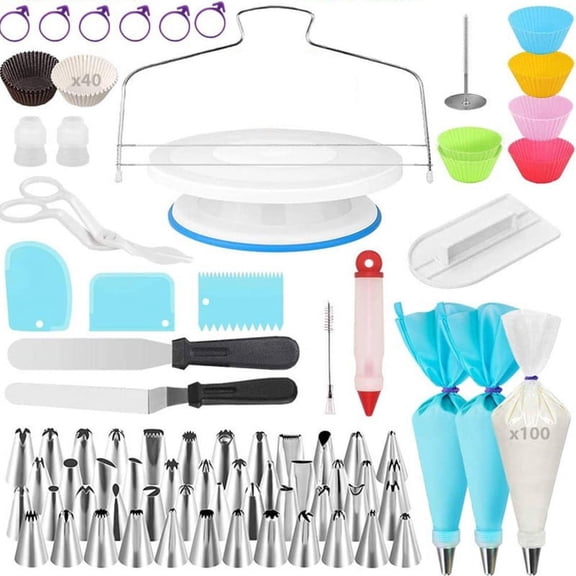 TFixol Household Items Cake Decorating Supplies, 216 Pcs Baking Set with Revolving Cake Turntable, 48 Cake Decorating Tips, Silicone Piping Bag, Muffin Cup, Cake Baking Supplies Kit