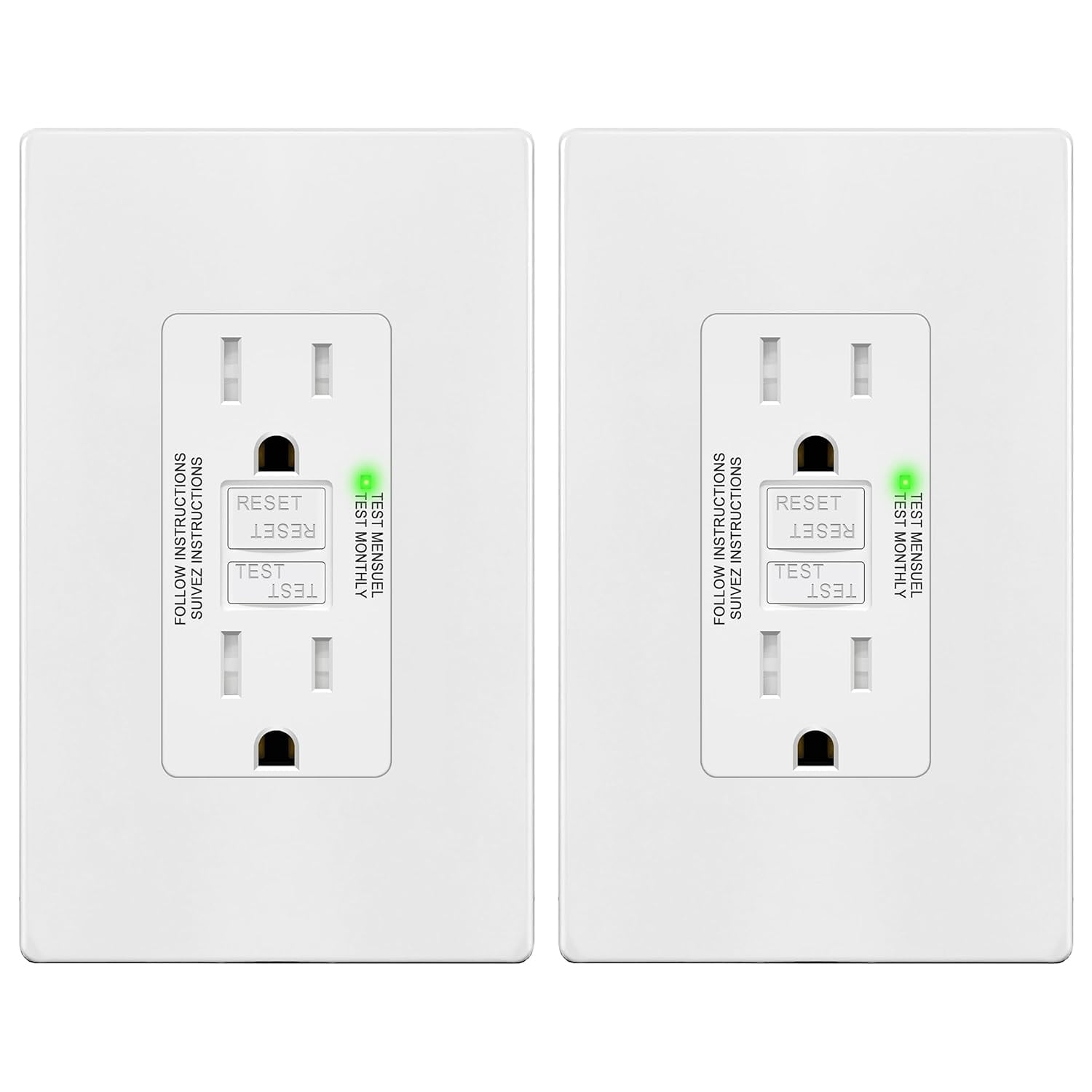 TG 15A GFCI Outlet, Tamper-Resistant GFI Receptacle with Self-Test, LED Indicator, ETL Listed, Anti-Interference (No-False-Trip) Protection, Screwless Wall Plate Included, White, 2 Pack
