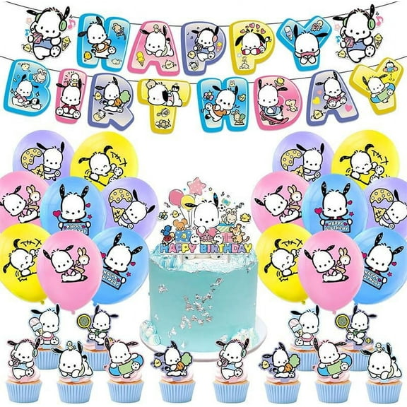 TG Cartoon Pochacco Dog Theme Birthday Party Decorate Supplies SetInclude Happy Birthday Banner, Cake Topper, Cupecake Toppers, Latex Balloons,for Aldult Kids Birthday Party