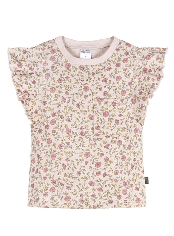 by Gerber Baby and Toddler Girl Pleated Ruffle Sleeve Top, Sizes 0/3 Months - 5T