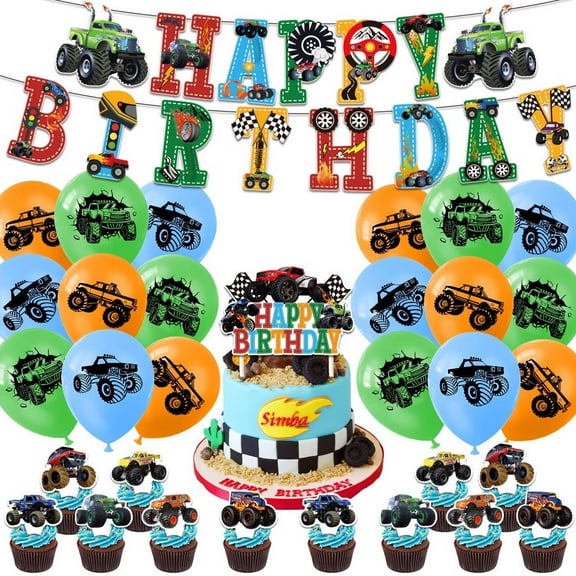 TG Monster Trucks Theme Birthday Party Decorate Supplies Set Include Happy Birthday BannerCake TopperCupcake TopperLatex Balloonsfor Kids Birthday Party Decorate
