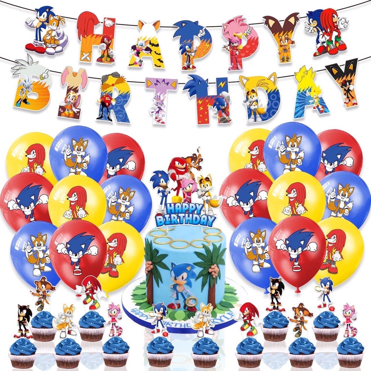 TG Sonic the Hedgehog Theme Birthday Party Decorate Supplies Set for KidsInclude Happy Birthday Banner, Cake Topper, Cupecake Toppers, Latex Balloons