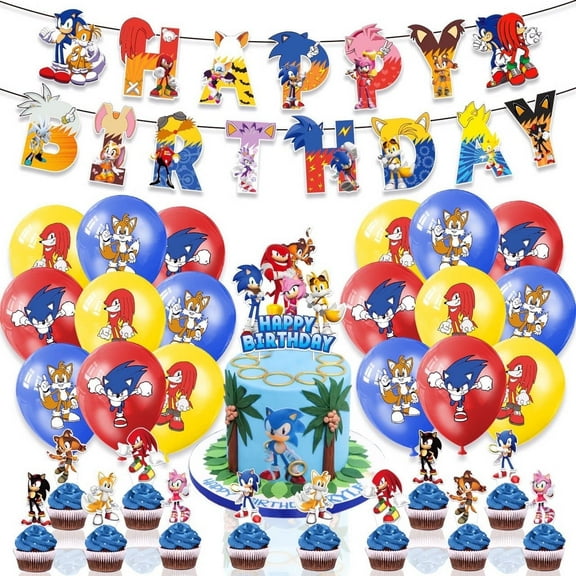 TG Sonic Theme Birthday Party Decorate Supplies Set for KidsInclude Happy Birthday Banner, Cake Topper, Cupecake Toppers, Latex Balloons