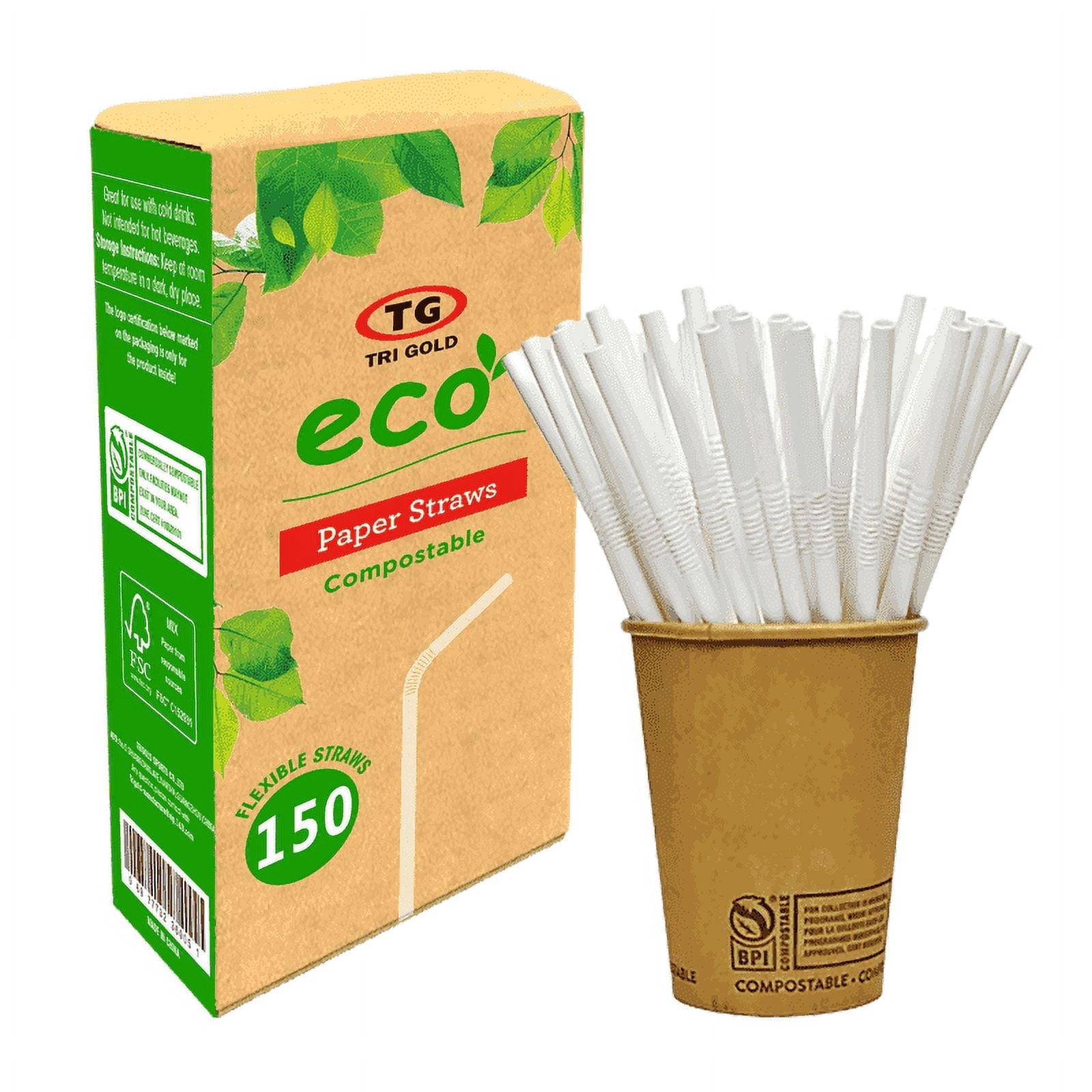 TG TRIGOLD Bendable Paper Straw,White,6*197mm,150Count,Compostable ...