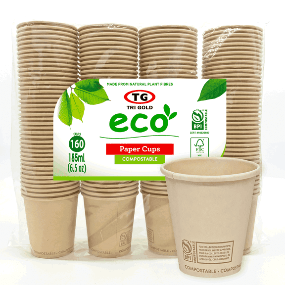 TG TRIGOLD Disposable Bamboo Paper Cups,6.5oz,160Count,1pack