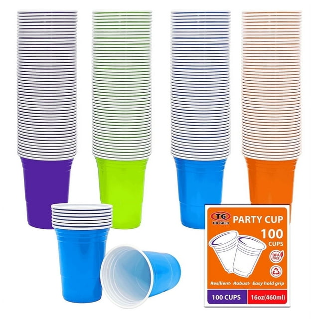 TG TRIGOLD Plastic Party Cups,Assorted Color,16oz,100count
