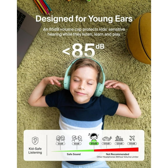 TG4THT-SoundForm Mini - Wireless Bluetooth Headphones for Kids with 30H Battery Life, 85dB Safe Volume Limit, Built-in Microphone - Kids On-Ear Earphones for iPhone, iPad, & More - Mint w/Case