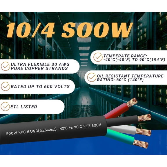 TG4THT-10/4 10 Feet 10 AWG SOOW SO Cable Cord Wire - 10 Gauge 4 Conductor 600V Portable Power Extension Cord Cable for, Motor Leads, Portable Lights, and Battery Chargers