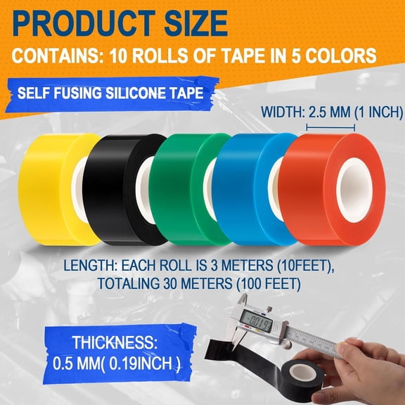 TG4THT-10 Rolls Self Fusing Silicone Tape Multicolor Heavy Duty Electrical Tape 1inchx10ft Waterproof & Insulating Self Bonding Repair Bandage for Hose, Gym Equipment, Automotive, Outdoor & Repairs
