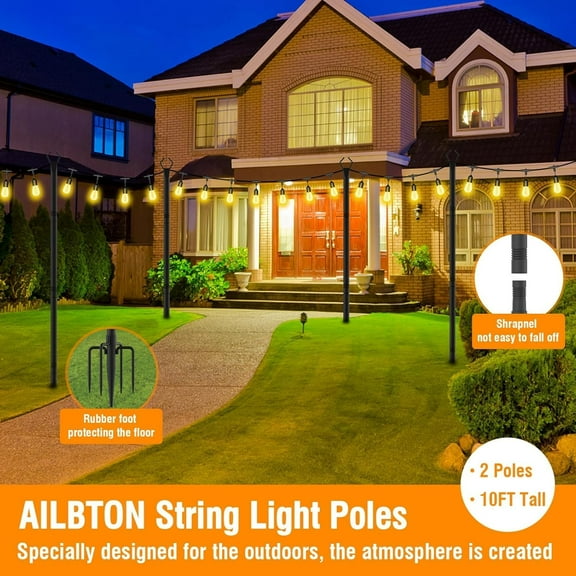 TG4THT-10Ft String Light Poles 2 Pack,Light Poles for Outside Lights,Outdoor with Fence Brackets Hanging Lights,Metal Stand Deck Patio Backyard