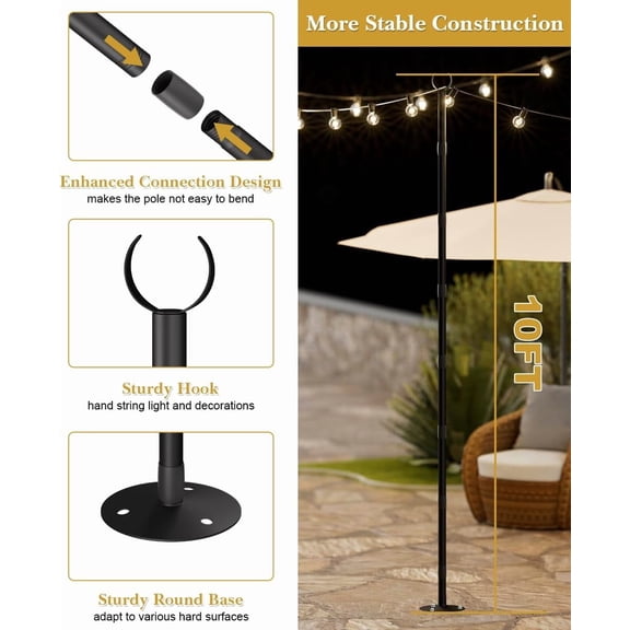 TG4THT-10Ft String Light Poles for Hard Surfaces, Outdoor Light Stand for Backyard, Garden & Patio Party Lighting, Heavy-Duty Metal Poles with Waterproof Finish, Rustproof & Adjustable