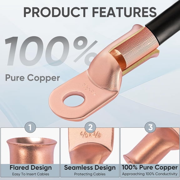 TG4THT-10PCS 2 Awg - 3/8" (M10) Battery Cable Ends, Heavy Duty Copper Battery Lugs, Ring Terminals Wire Lugs Connectors with 3:1 Heat Shrink Tubing for Distribution Box, Golf Carts, Solar Panels