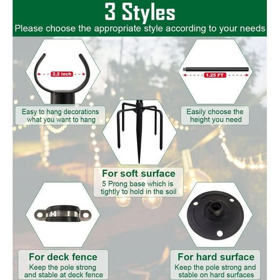 TG4THT-10ft String Light Pole for Deck Fence, Light Pole for Outdoor String Light, Perfect for Garden, Backyard, and Patio Lighting Stand for Parties, Wedding - Matte Black Finish - 1 Pack