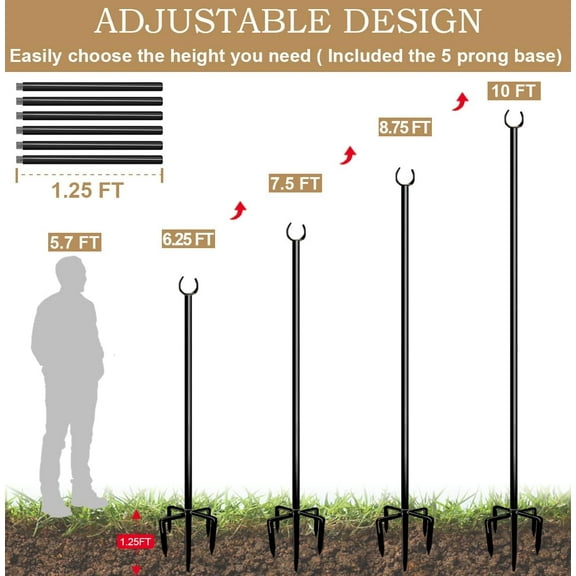 TG4THT-10ft String Light Poles for Outdoors, Outside Light Poles with 5-Prong Base, Suit for Garden, Backyard, Patio, Outdoor Lighting, Matte Black, 2 Packs