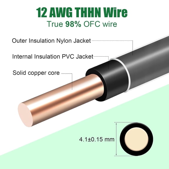 TG4THT-12 Gauge THHN Wire 30 FT Rated 600V OFC Cable, 12 AWG Solid Copper Wire with Nylon Jacket for Building Residential, CNC, Ground, Industrial (12 Gauge, Black)