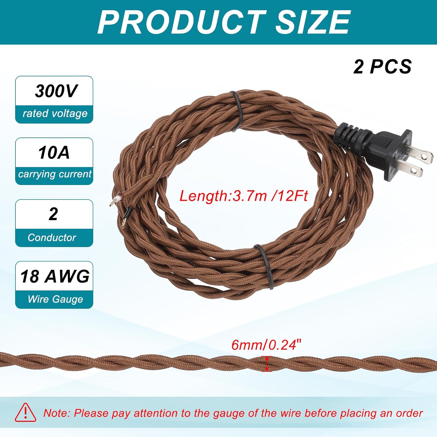 TG4THT-12Ft 18/2 Twisted Cloth Covered Lamp Cord, 2 Pcs Vintage Fabric ...