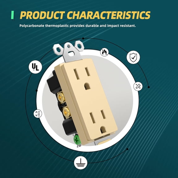TG4THT-15 Amp Decorator Wall Outlet, Standard Electrical Receptacle Outlet, 2 Pole 3 Wire, Non-Tamper Resistant, NEMA 5-15R, Self-Grounding Residential Grade, UL, Gold, 10 Pack