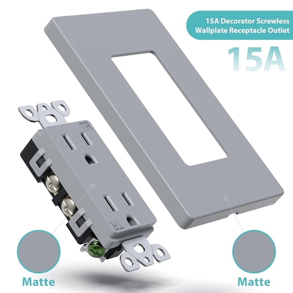 TG4THT-15 Amp Duplex Receptacle Decorator Wall Outlet, Screwless Electrical Outlet Plate Included, 15A 125V, 2 Pole 3 Wire,Self-Grounding, Tamper Resistant, ETL Listed, Matte Grey, 10 Pack